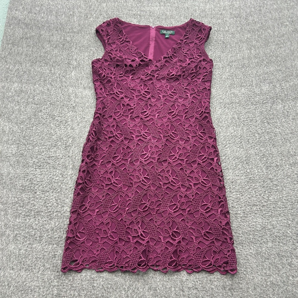 Ralph Lauren Exotic Ruby Lace‎ V-Neck Dress Burgundy Maroon Cocktail 10 Romantic